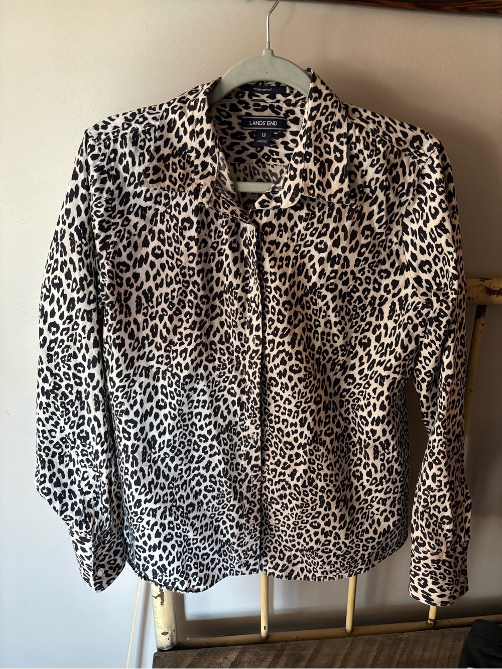 Lands' End Leopard Print Button-Front Blouse in Black and Cream